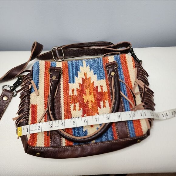Myra Leather Crossbody Bag Shoulder Bag Tapestry Front Leather Back Purse Fringe - Picture 3 of 8